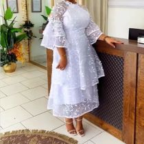 Plus Size Mesh Lace Flare Sleeve Long Dress GXYY-8290