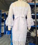 Plus Size Lace Puff Sleeve Mesh Maxi Dress GXYY-8284