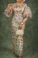 Plus Size Sequin High Waisted Bubble Sleeve Maxi Dress GXYY-8252