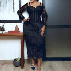 Plus Size Lace Tassel Long Sleeve Maxi Dress GXYY-8159