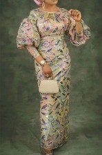 Plus Size Sequin High Waisted Bubble Sleeve Maxi Dress GXYY-8252
