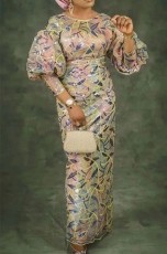 Plus Size Sequin High Waisted Bubble Sleeve Maxi Dress GXYY-8252