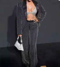 Plus Size Stripe Blazer Coat Loose Pants Suit GXYY-8260