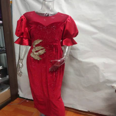 Plus Size Bubble Sleeve Sequin Embroidery Maxi Dress GXYY-8029