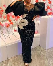 Plus Size Bubble Sleeve Sequin Embroidery Maxi Dress GXYY-8029