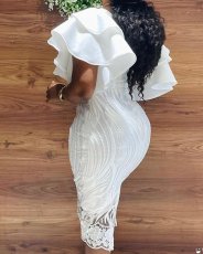 Plus Size Flare Sleeve Split Solid Midi Dress GXYY-7005