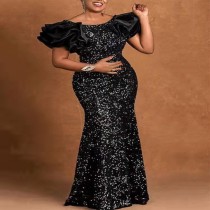 Plus Size Stacked Sleeve Sequin Slim Maxi Dress GXYY-8052
