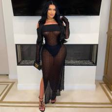 One Shoulder Split Skiiny See Through Maxi Dress GYSF-1092