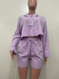 Solid Color Long Sleeve Shorts 2 Piece Set OLYF-1652