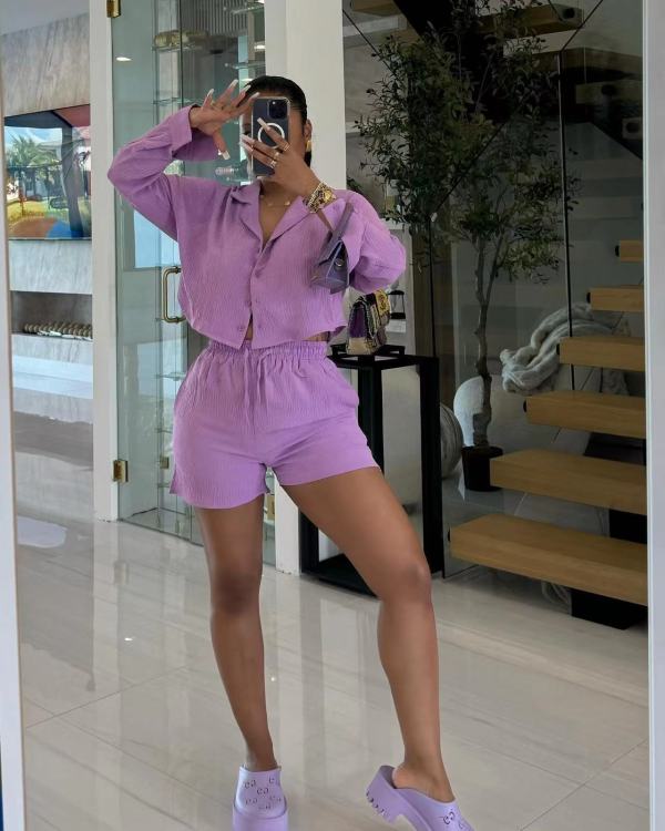 Solid Color Long Sleeve Shorts 2 Piece Set OLYF-1652