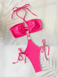 Solid Color Tie Up Bikinis One Piece Swimsuit CASF-6709