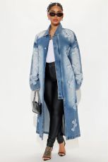 Fashion Denim Cross Embroidery Long Trench Coat LX-6033