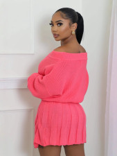 One Shoulder Solid Color Tops Pleated Skirts Suit GDYF-6697
