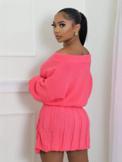 One Shoulder Solid Color Tops Pleated Skirts Suit GDYF-6697