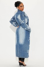 Fashion Denim Cross Embroidery Long Trench Coat LX-6033