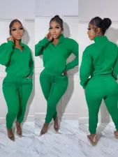 Solid Color Zipper Sport Casual Two Piece Pants Set HMS-6561