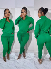 Solid Color Zipper Sport Casual Two Piece Pants Set HMS-6561