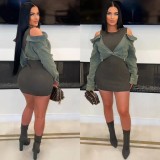 Fashion Denim Patchwork Long Sleeve Mini Dress  OD-8714