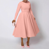 Plus Size Solid Color Long Sleeve Midi Dress BGN-305