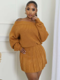 One Shoulder Solid Color Tops Pleated Skirts Suit GDYF-6697