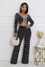Stripe Print Long Sleeve Tops Pants 2 Piece Set XHXF-8712