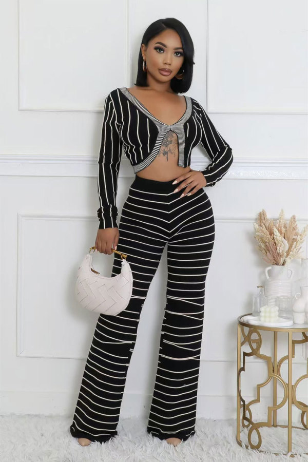 Stripe Print Long Sleeve Tops Pants 2 Piece Set XHXF-8712