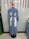 Fashion Denim Cross Embroidery Long Trench Coat LX-6033
