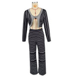 Stripe Print Long Sleeve Tops Pants 2 Piece Set XHXF-8712