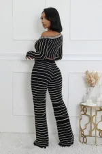 Stripe Print Long Sleeve Tops Pants 2 Piece Set XHXF-8712