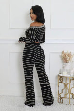 Stripe Print Long Sleeve Tops Pants 2 Piece Set XHXF-8712