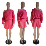 One Shoulder Solid Color Tops Pleated Skirts Suit GDYF-6697