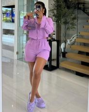 Solid Color Long Sleeve Shorts 2 Piece Set OLYF-1652