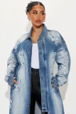 Fashion Denim Cross Embroidery Long Trench Coat LX-6033
