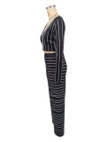 Stripe Print Long Sleeve Tops Pants 2 Piece Set XHXF-8712