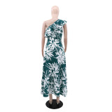 Slash Shoulder Ruffles Print Long Dress GYLY-10568