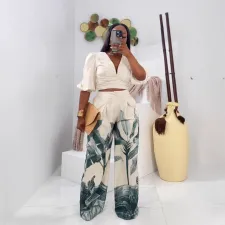 Print V Neck Tops Wide Leg Pants Suit NY-10927