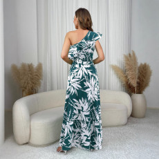 Slash Shoulder Ruffles Print Long Dress GYLY-10568