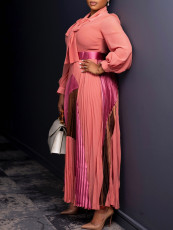 Plus Size Tie Up Press Pleated Color Block Maxi Dress GATE-547