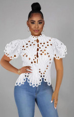 Hollow Out Flare Short Sleeve Tops NIK-1184