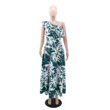 Slash Shoulder Ruffles Print Long Dress GYLY-10568