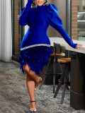 Plus Size Lantern Long Sleeve Skinny Feather Midi Dress LS-0412