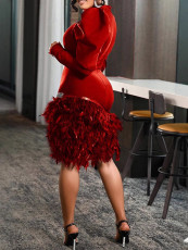 Plus Size Lantern Long Sleeve Skinny Feather Midi Dress LS-0412