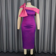 Plus Size Slant Neck Bow High Waisted Midi Dress GKEN-040738