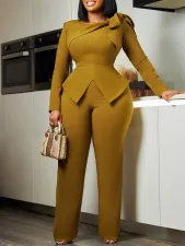 Plus Size Solid Color Bow Tie Long Sleeve Pants Suit GATE-546