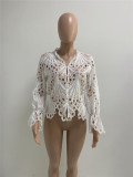 Hollow Out Solid Color Flare Sleeve Tops NIK-1149