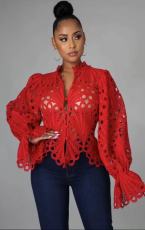 Hollow Out Solid Color Flare Sleeve Tops NIK-1149