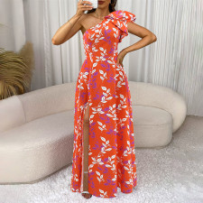 Print Slash Shoulder Split Maxi Dress GYLY-10569