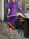 Plus Size Lantern Long Sleeve Skinny Feather Midi Dress LS-0412