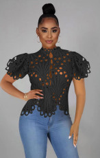 Hollow Out Flare Short Sleeve Tops NIK-1184