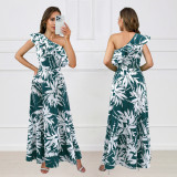 Slash Shoulder Ruffles Print Long Dress GYLY-10568